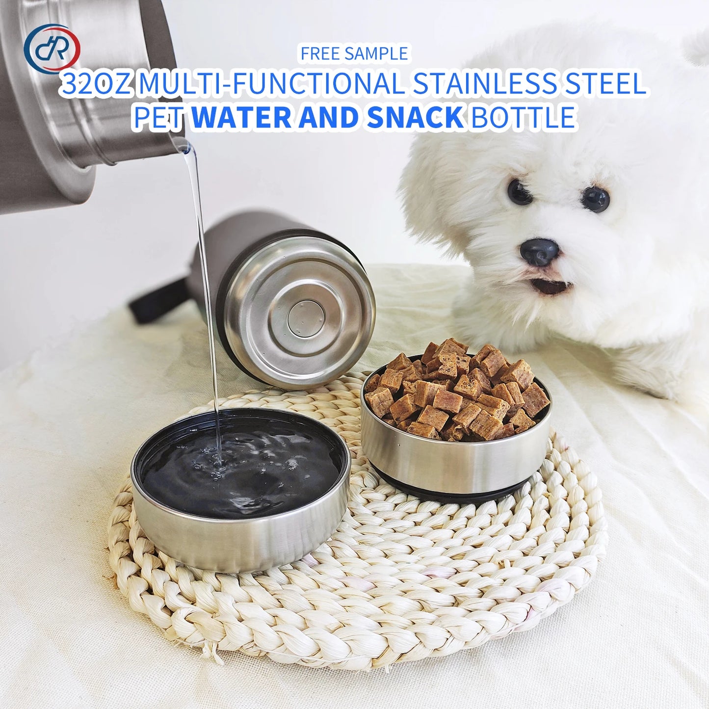 OKKPETS 32Oz 3 in 1 Stainless Steel Dog Water Bottle 1000ml Outdoor Travel Portable Pet Insulated Feeder Dog Bowl Food Bottle