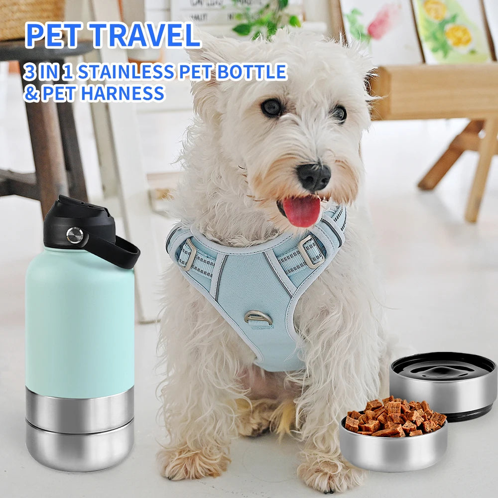 OKKPETS 32Oz 3 in 1 Stainless Steel Dog Water Bottle 1000ml Outdoor Travel Portable Pet Insulated Feeder Dog Bowl Food Bottle