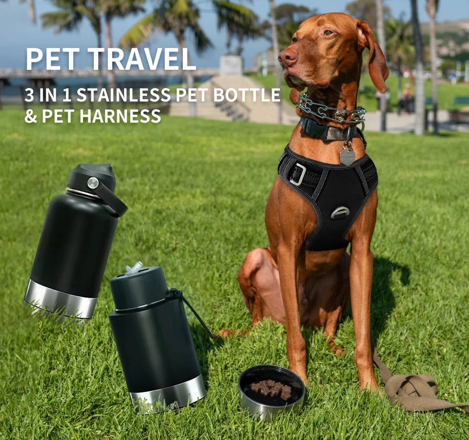 OKKPETS 32Oz 3 in 1 Stainless Steel Dog Water Bottle 1000ml Outdoor Travel Portable Pet Insulated Feeder Dog Bowl Food Bottle