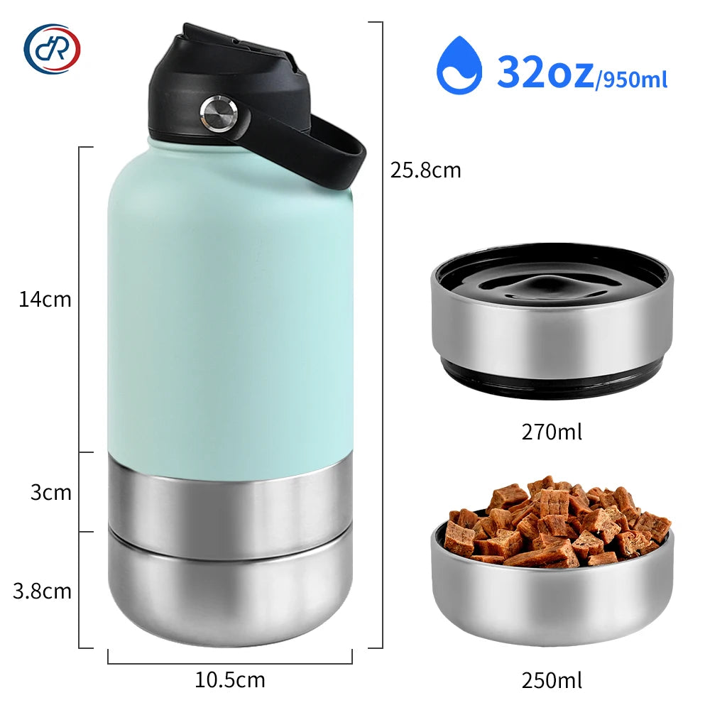 OKKPETS 32Oz 3 in 1 Stainless Steel Dog Water Bottle 1000ml Outdoor Travel Portable Pet Insulated Feeder Dog Bowl Food Bottle