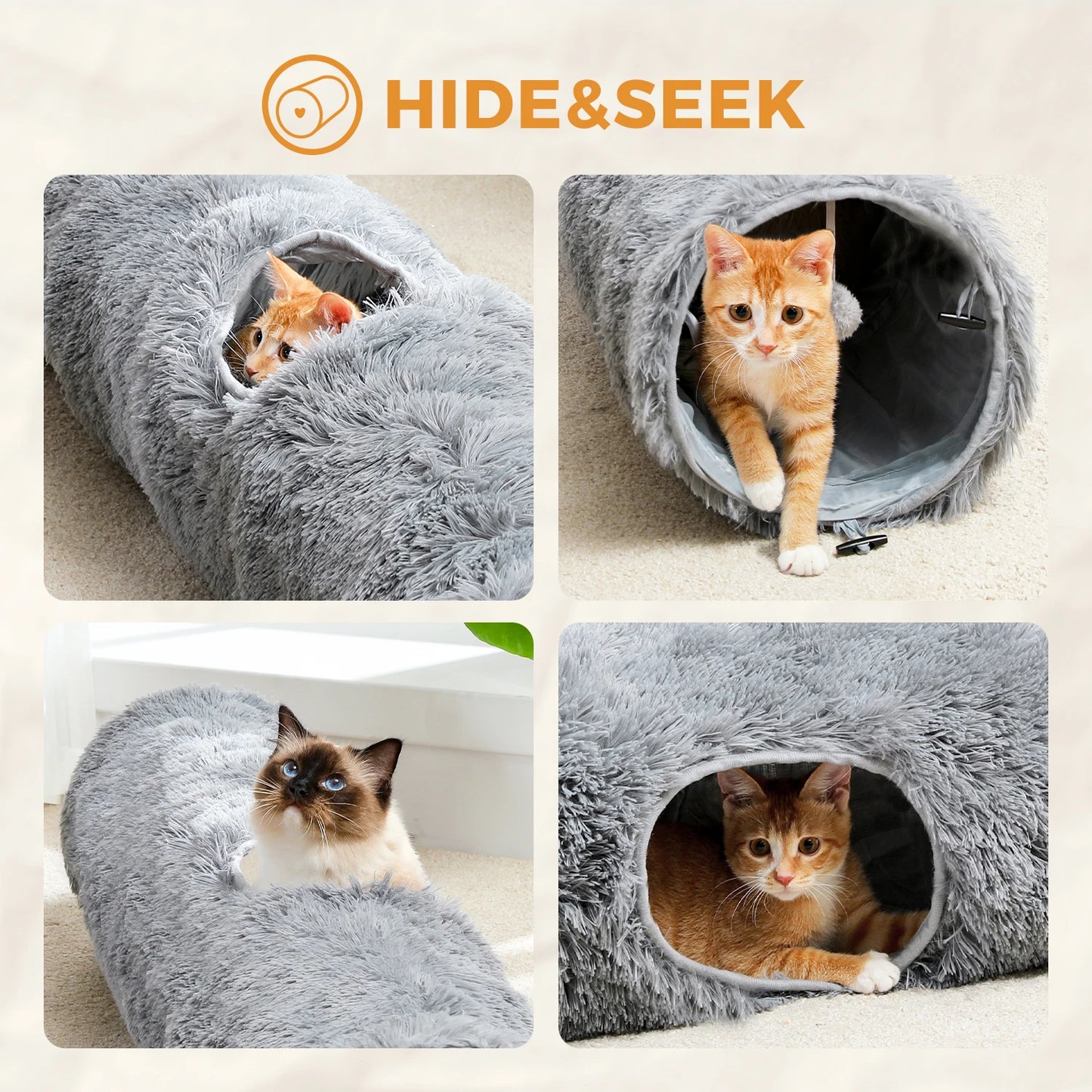 Large Cat Tunnel, 44.9 Inches Long Collapsible Cat Tube 9.8 Inches in Diameter, Collapsible Fluffy Plush Cat Toys for Indoor Cat