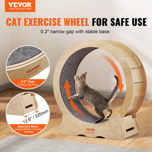 VEVOR Cat Exercise Wheel Natural Wood Silent Running Toy Treadmill Roller Wheel with Detachable Carpet for Most Cats Pet Fitness