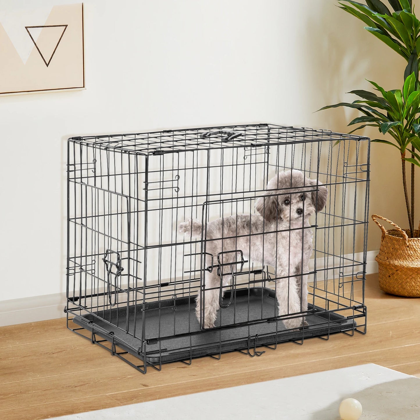 JHK Double Door Folding Metal Wire Dog Cage with Plastic Leak-Proof Pan Tray Extra Large Pet Kennel for Indoor Outdoor Travel