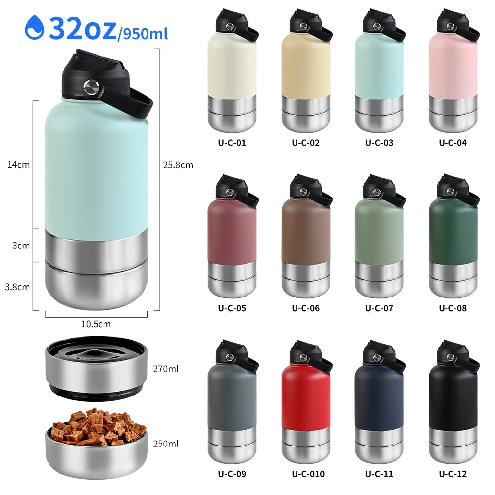 OKKPETS 32Oz 3 in 1 Stainless Steel Dog Water Bottle 1000ml Outdoor Travel Portable Pet Insulated Feeder Dog Bowl Food Bottle