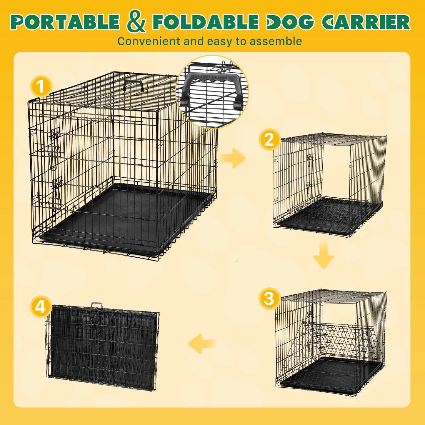 JHK Double Door Folding Metal Wire Dog Cage with Plastic Leak-Proof Pan Tray Extra Large Pet Kennel for Indoor Outdoor Travel