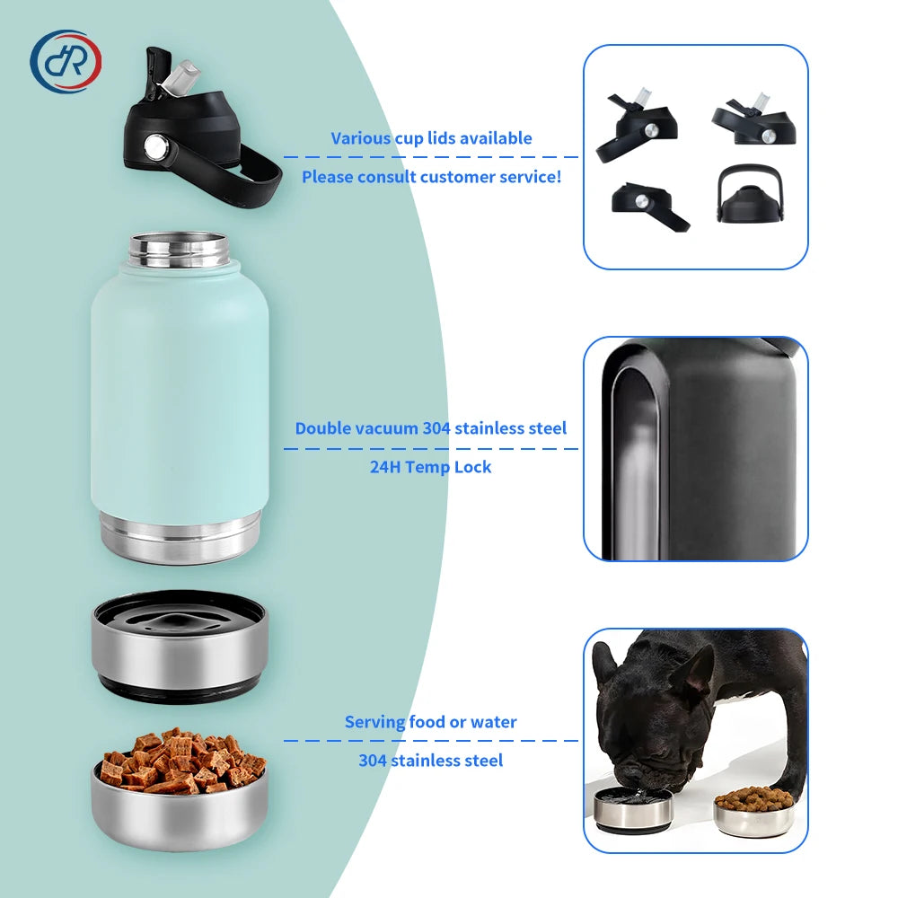 OKKPETS 32Oz 3 in 1 Stainless Steel Dog Water Bottle 1000ml Outdoor Travel Portable Pet Insulated Feeder Dog Bowl Food Bottle