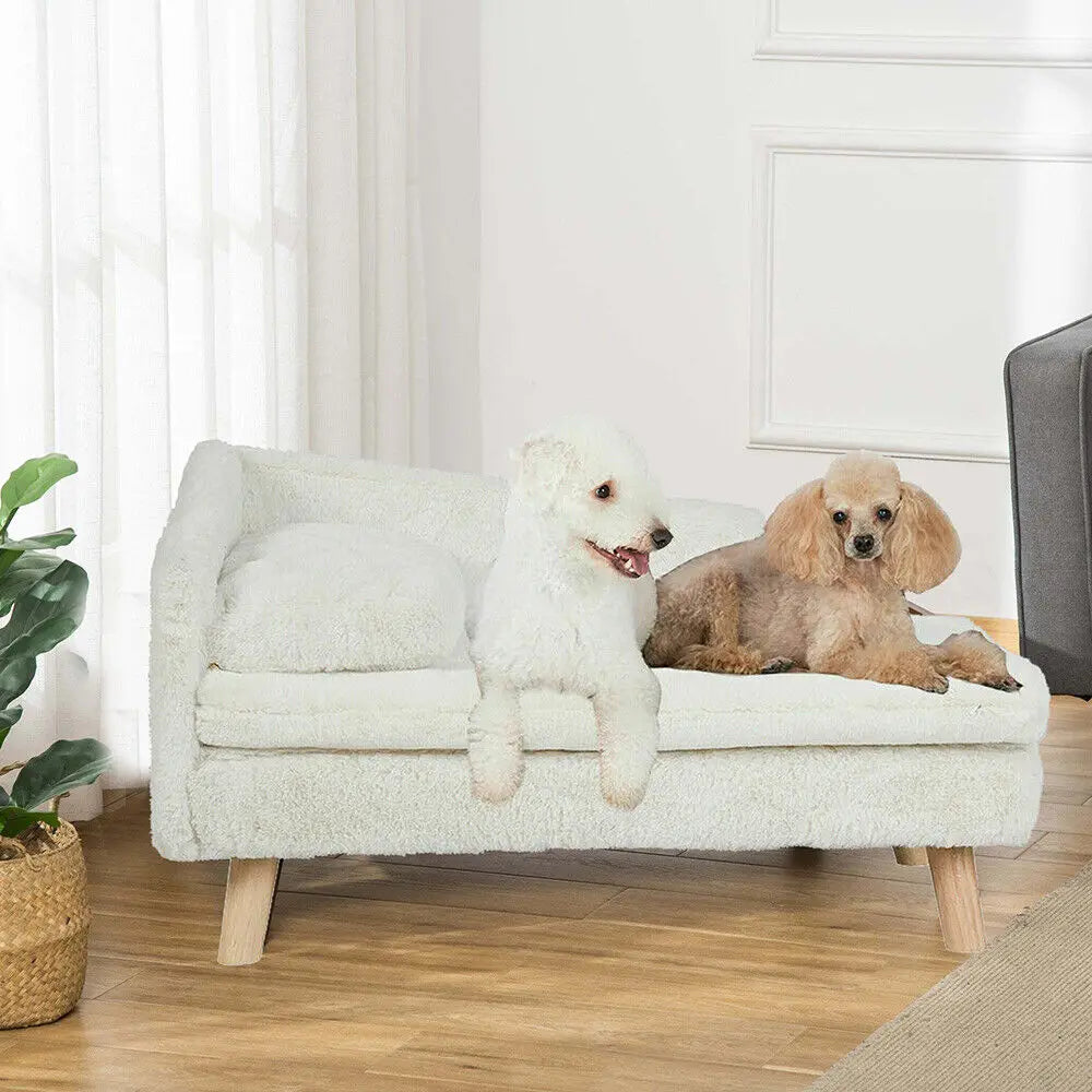 Elevated Pet Bed Solid Wood Leg Dog Cat Sofa for Indoor  L Shape Plush Couch Lounge with Soft Cushion