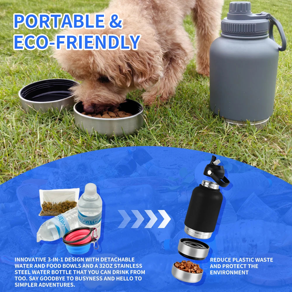 OKKPETS 32Oz 3 in 1 Stainless Steel Dog Water Bottle 1000ml Outdoor Travel Portable Pet Insulated Feeder Dog Bowl Food Bottle