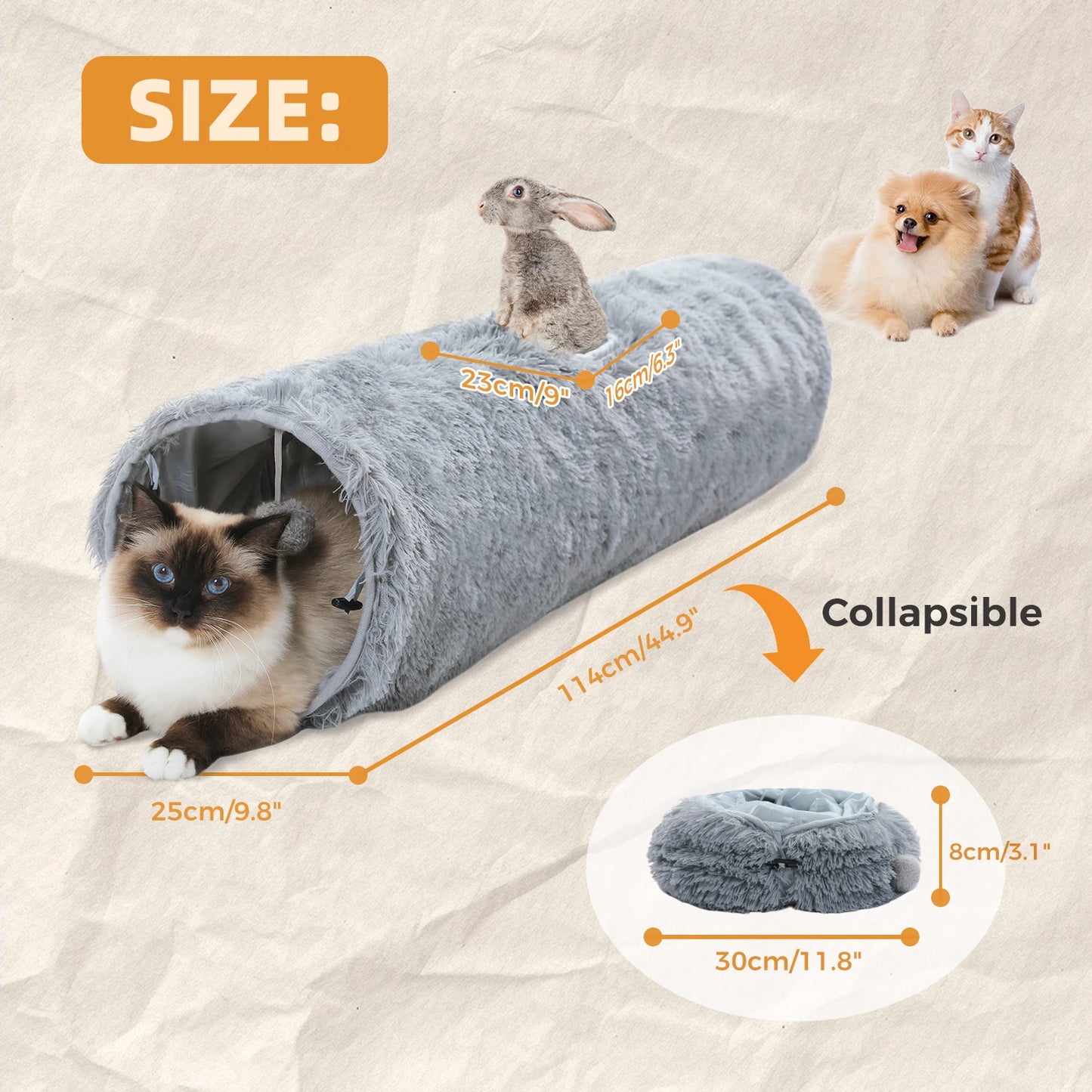 Large Cat Tunnel, 44.9 Inches Long Collapsible Cat Tube 9.8 Inches in Diameter, Collapsible Fluffy Plush Cat Toys for Indoor Cat