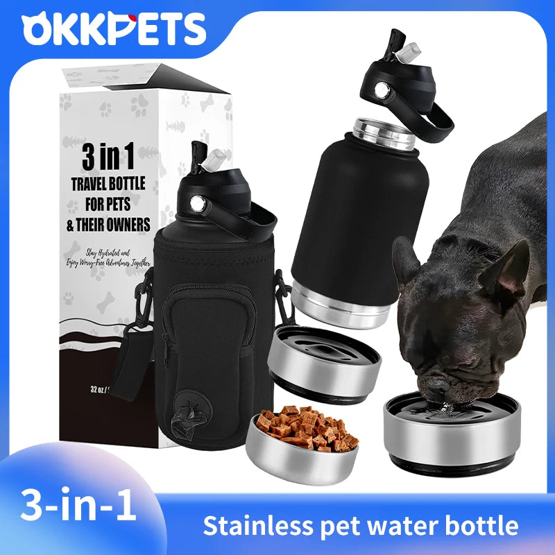 OKKPETS 32Oz 3 in 1 Stainless Steel Dog Water Bottle 1000ml Outdoor Travel Portable Pet Insulated Feeder Dog Bowl Food Bottle