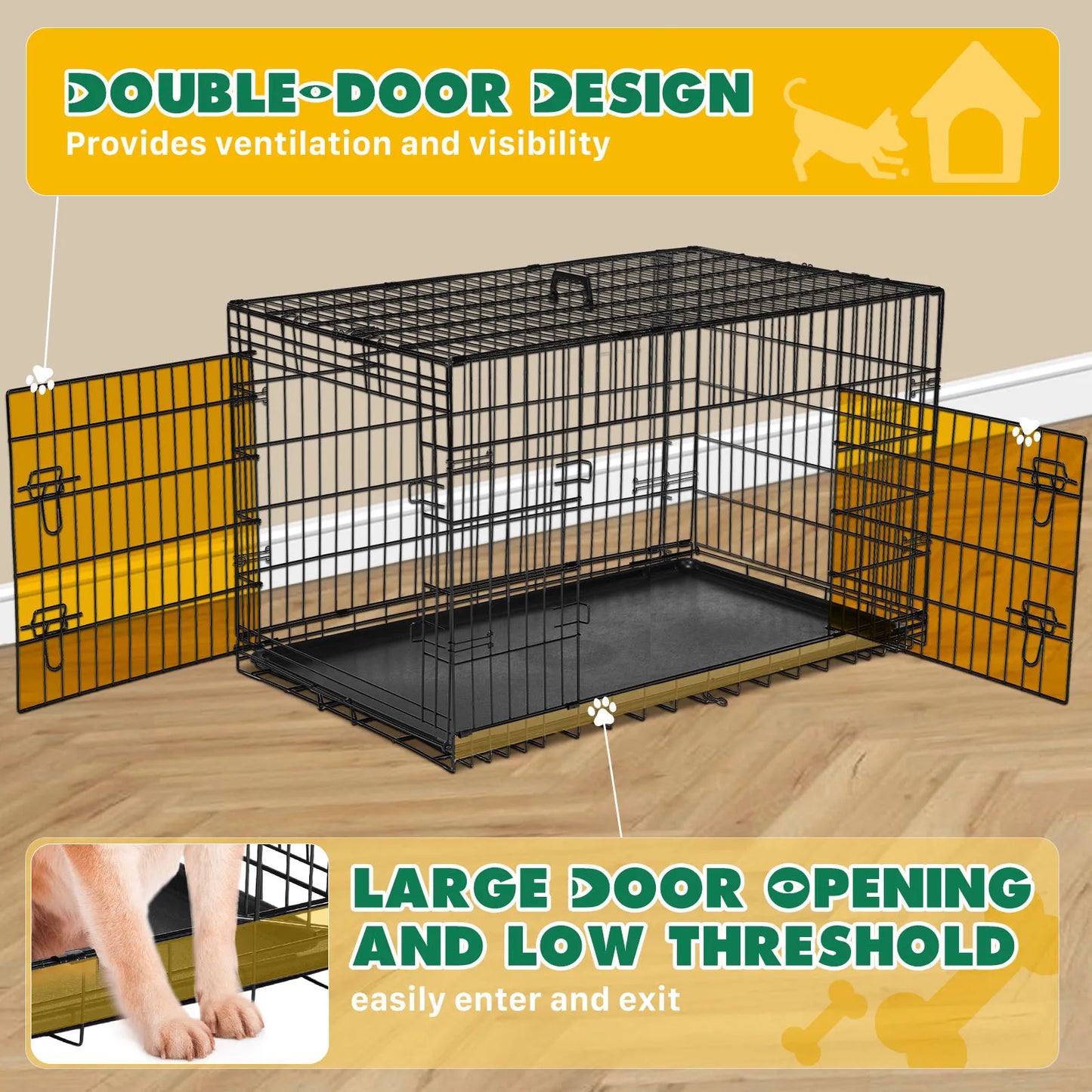 JHK Double Door Folding Metal Wire Dog Cage with Plastic Leak-Proof Pan Tray Extra Large Pet Kennel for Indoor Outdoor Travel