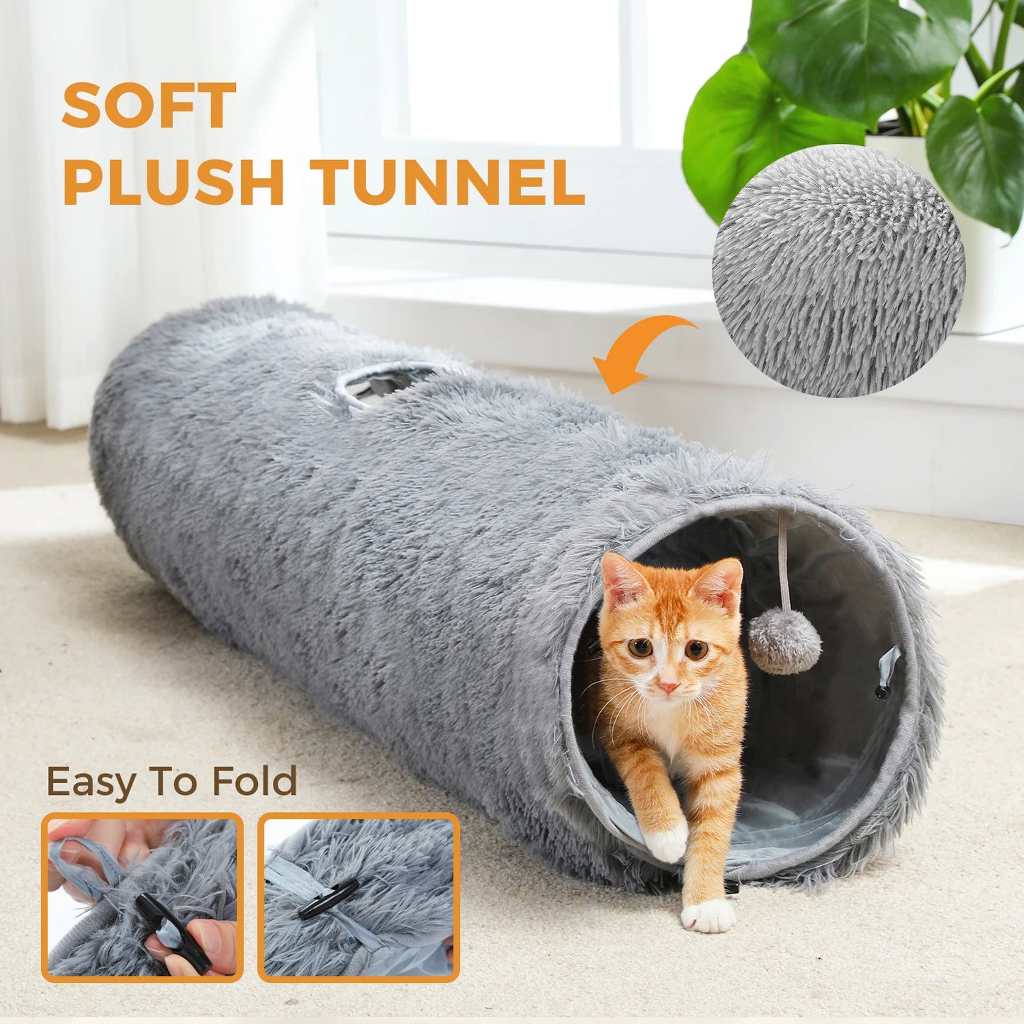 Large Cat Tunnel, 44.9 Inches Long Collapsible Cat Tube 9.8 Inches in Diameter, Collapsible Fluffy Plush Cat Toys for Indoor Cat