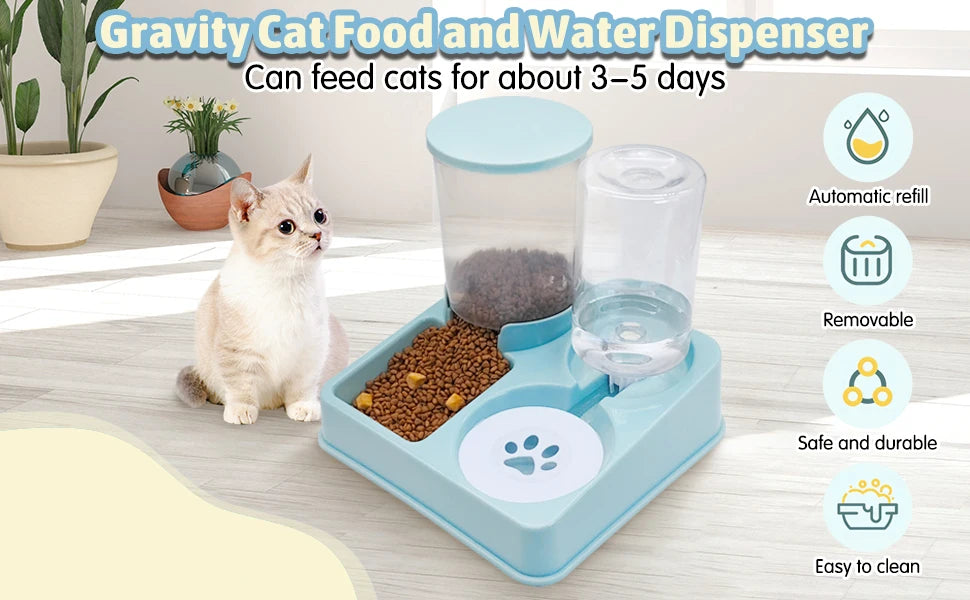 Automatic Cat Feeder Water Dispenser Set, 2 In 1 Tilted Automatic Pet Food And Water Feeder Gravity Food Feeder and Waterer